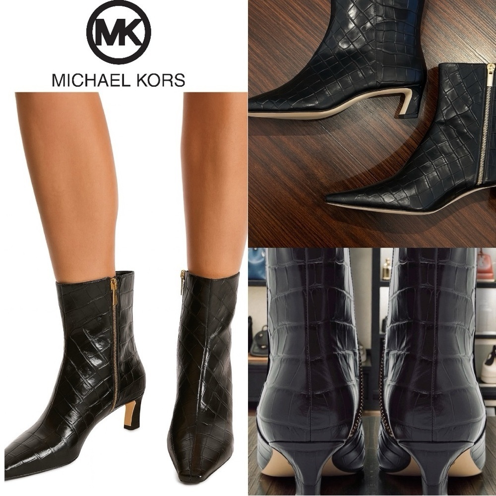 Michael Kors | NWOT Black Croc-Embossed Pointed Toe Leather Booties (size 8M)